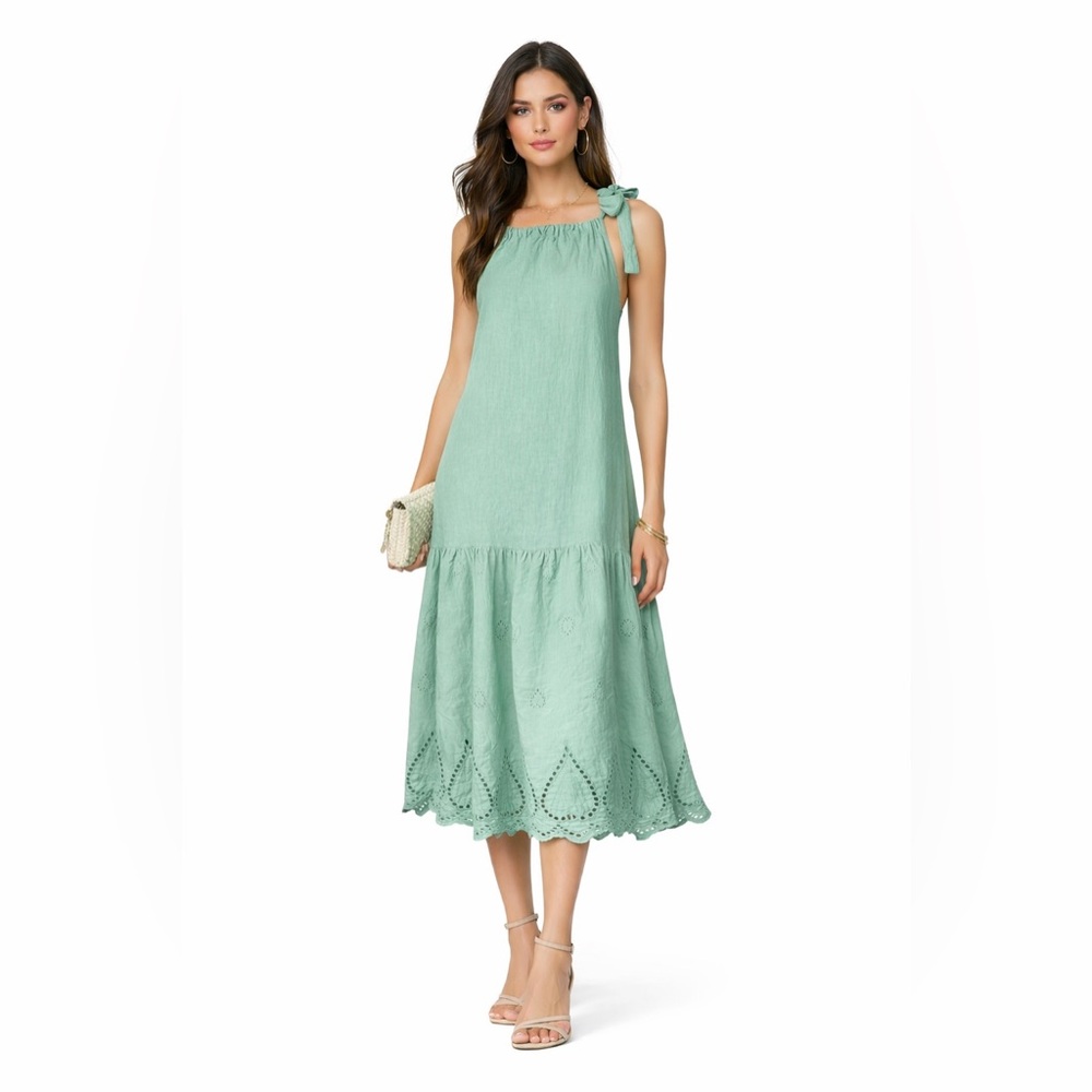 Valentina Naldi linen Ruffled Made In Italy Green l Midi Dress embroidered